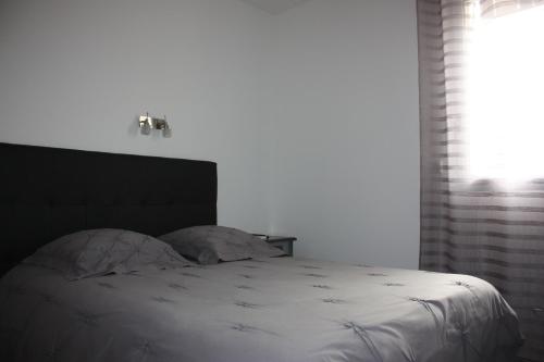 Montaigu-de-Quercy迷笛酒店的一张带两个枕头的白色床和窗户
