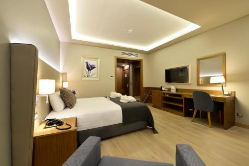 伯萨布尔萨市中心假日酒店的配有一张床和一张书桌的酒店客房