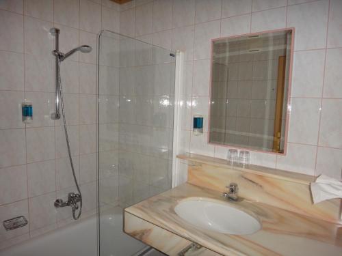 多瑙河畔的马尔巴赫Donau-Rad-Hotel Wachauerhof的浴室配有盥洗盆和带镜子的淋浴