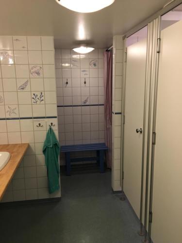 格雷伯斯塔德Grebbestads Vandrarhem的客房内设有带水槽和长凳的浴室