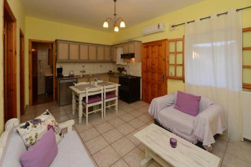 阿尔米罗斯海滩Olga's Garden Apartments的带沙发的客厅和厨房