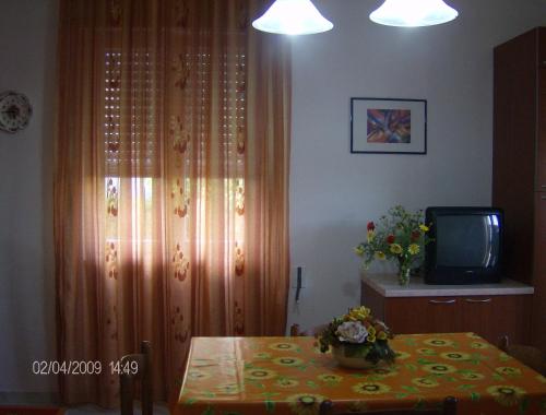 皮佐Villino mare Anita的一间设有桌子、电视和窗帘的房间