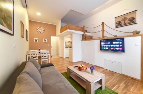 萨格勒布萨格勒布芯公寓的带沙发和电视的客厅