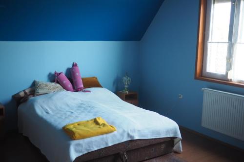 霍尔托巴吉Privatzimmer Csikos的蓝色卧室配有一张带黄色枕头的大床