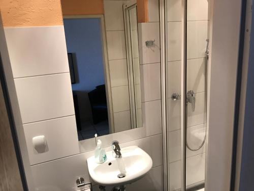 雷马根莱茵INN酒店的一间带水槽和淋浴的浴室