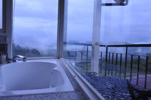 埔里景上景民宿的窗户前设有带浴缸的浴室