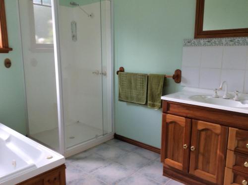 罗斯奥尔度假屋的带淋浴和盥洗盆的浴室