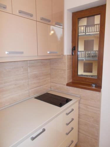 兹拉蒂博尔Apartment Katrin的厨房配有白色橱柜和镜子