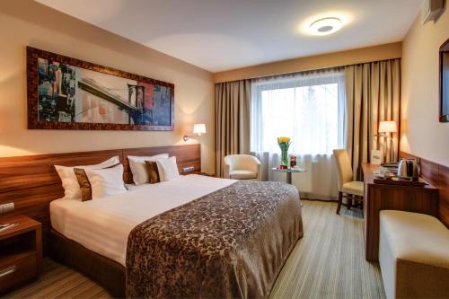 弗罗茨瓦夫哈斯顿城市酒店的一间设有大床和窗户的酒店客房