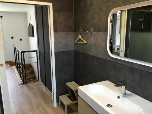 拉罗谢尔Appartements Les Rochelais的一间带水槽和镜子的浴室