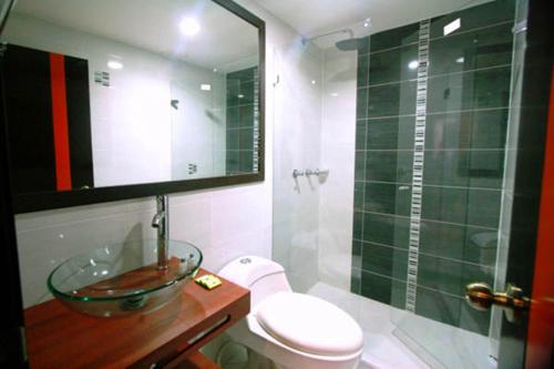 波哥大Hotel Expo Inn Embajada的一间带水槽、卫生间和淋浴的浴室