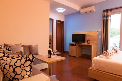 乌尔齐尼Hotel Blue Moon的客房设有床、沙发和电视。
