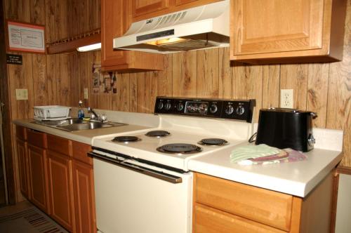 Fair PlayCarolina Landing Camping Resort Cabin 14的厨房配有白色炉灶和水槽