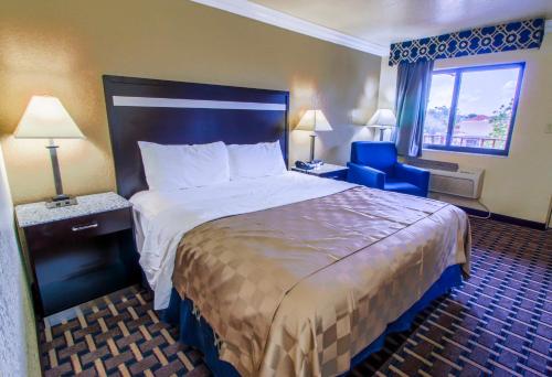 棕榈滩花园亚美利加汽车旅馆的酒店客房带大床和蓝椅