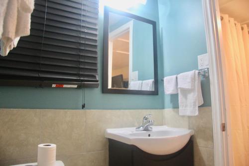 伦敦美国广场汽车旅馆的一间带水槽和镜子的浴室