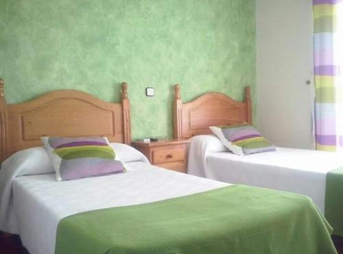 阿尔摩洛克斯Bar Posada Bemi的一间卧室配有两张绿色和紫色床铺