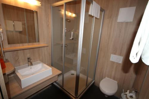 Marchegg马尔歇格伯恩斯坦旅馆的带淋浴、盥洗盆和卫生间的浴室