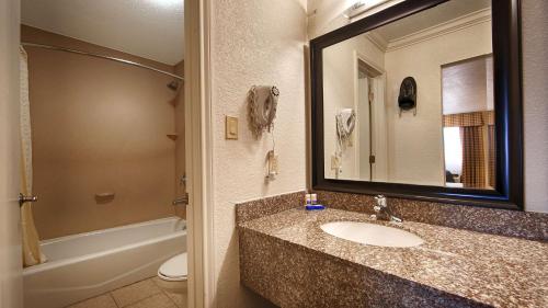 金斯维尔Americas Best Value Inn Kingsville的一间带水槽、镜子和卫生间的浴室