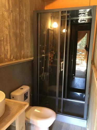 埃斯塔蒂特Glamping Lodge Estartit的一间带卫生间和玻璃淋浴间的浴室