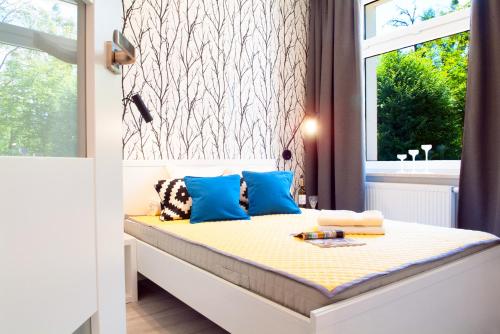 格鲁德柴兹Apartament 4 You的一间卧室配有一张带蓝色枕头的床和一扇窗户。