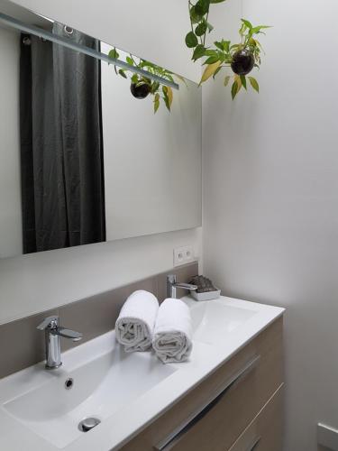 拉罗谢尔Hotel La Marine, Vieux Port的浴室配有带镜子的盥洗盆和毛巾