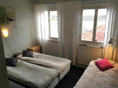 Trehörna特勒霍纳商务酒店的带窗户的客房内的两张床