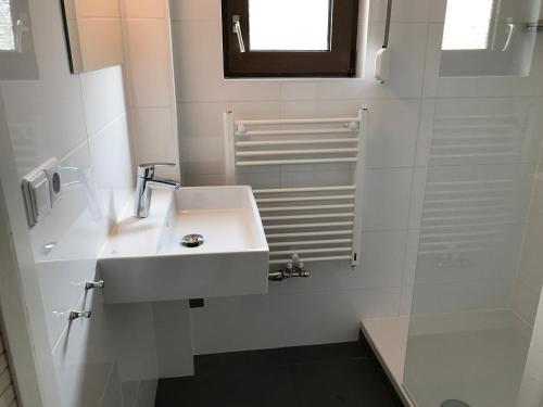 GraauwHeerlijk Dijkhuisje in Paal的白色的浴室设有水槽和淋浴。