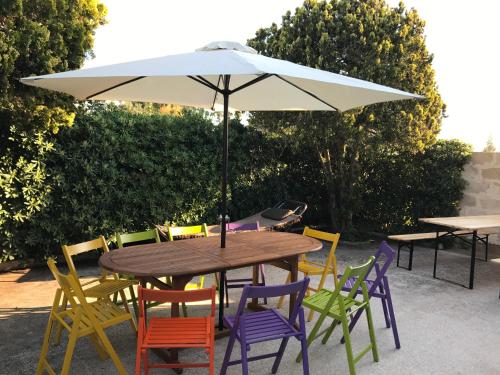玛丽娜迪曼卡维萨Casa Clea的一张带五颜六色椅子和遮阳伞的木桌