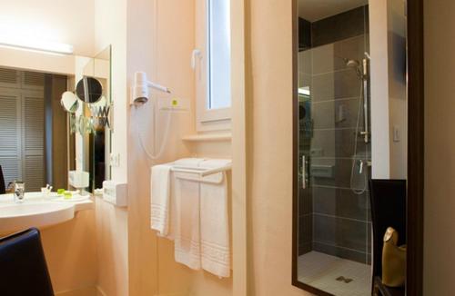 圣莱奥纳尔德诺布拉圣雅克酒店的带淋浴和盥洗盆的浴室