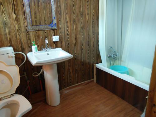 斯利那加Tashkand Houseboat的浴室配有盥洗盆、卫生间和浴缸。