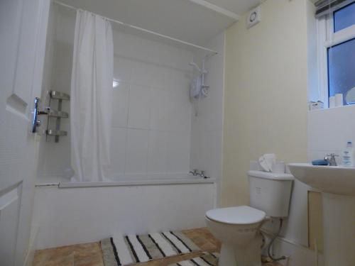 诺丁汉Beckley House的白色的浴室设有卫生间和水槽。