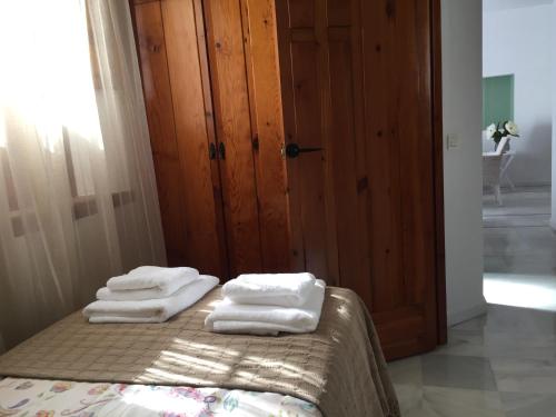 科尔多瓦Duplex Juderia的一间设有床铺和毛巾的房间
