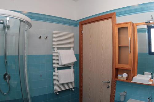 维耶斯泰宜日奥酒店的带淋浴和毛巾的墙壁浴室
