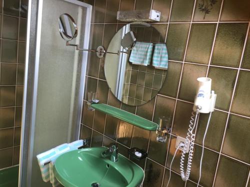 施罗本豪森埃德尔旅馆的一间带绿色水槽和镜子的浴室