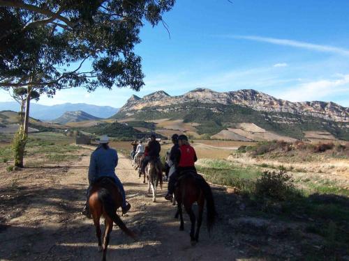 圣弗洛朗Albaria Lodge的一群骑马的人在土路下骑着