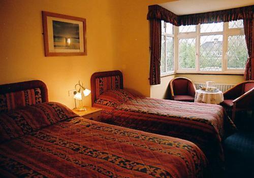 埃普瑟姆绝品公园酒店的酒店客房设有两张床和窗户。