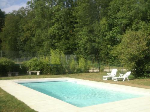 Revigny-sur-OrnainSuperb villa with private heated pool的一个带两把椅子的庭院内的游泳池