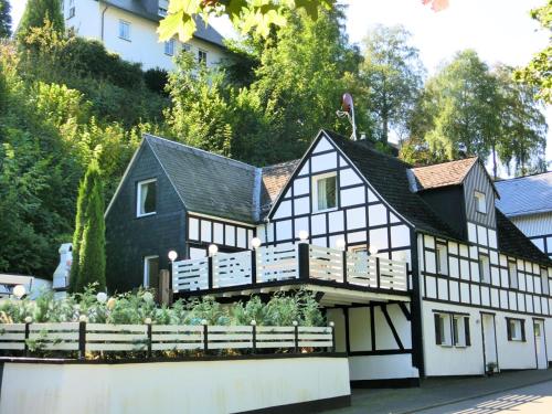 施马伦贝格Spacious holiday home with terrace的前面是一座黑白色房子,设有花园