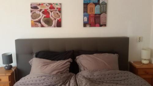 Oostwold米尔兰德住宿加早餐旅馆的卧室配有一张墙上有两张照片的床。