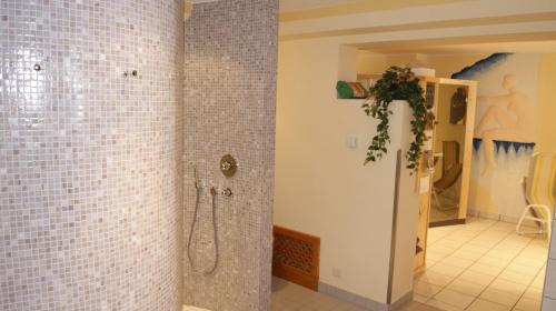 巴德小基希海姆Hotel Sonnenheim的带淋浴的浴室和白色瓷砖墙壁