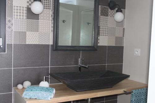 Saint-Jean-de-Maruéjols-et-Avéjan塞文山脉奥菲尔德斯住宿加早餐旅馆的浴室设有黑色水槽和镜子