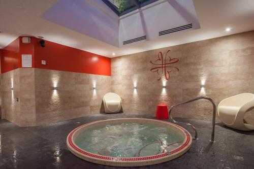 斯特拉斯堡金盾酒店及水疗中心的一间带热水浴缸和水龙头的浴室
