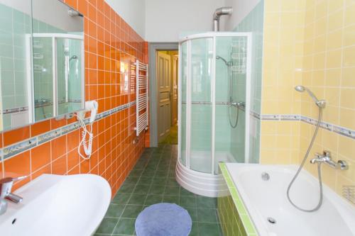 布拉格Andrews Centre Apartment的带浴缸、水槽和淋浴的浴室