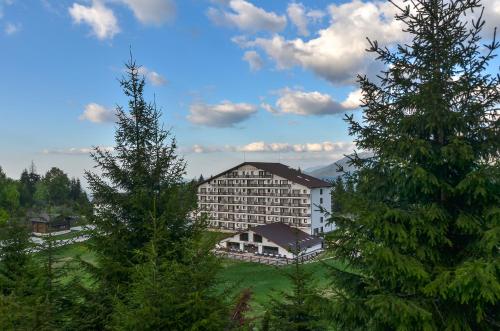 丰达塔Cheile Gradistei Fundata Resort的一座大建筑,位于一些树中间