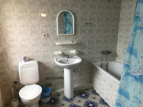 文尼察Zhovtnevyi的浴室配有卫生间、盥洗盆和浴缸。