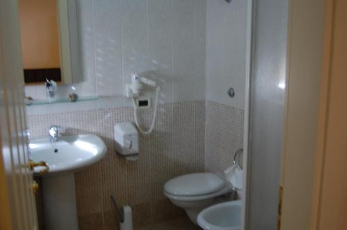 圣乔瓦尼·罗通多Hotel Primula的一间带卫生间和水槽的小浴室