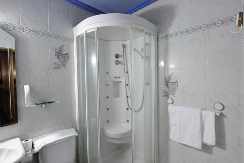 莱萨卡如洛尔贝里奥酒店的带淋浴、卫生间和盥洗盆的浴室