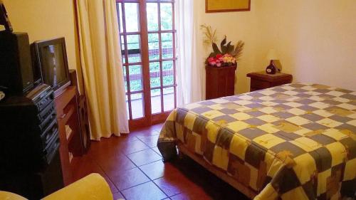 圣克莱门特雷图尤Cabañas El Maiten的一间卧室设有一张床、一台电视和一个窗口。