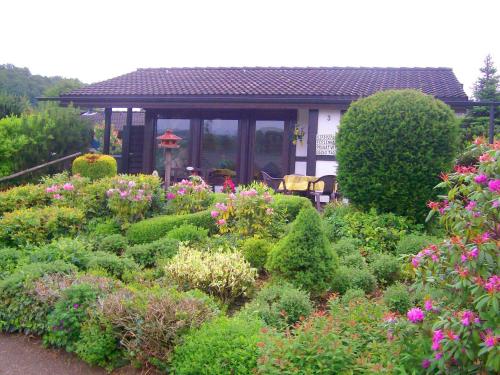 梅舍德Holiday home on Lake Henne with terrace的一座花园,在房子前面有灌木和鲜花