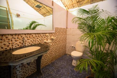 Cola果阿蓝色泻湖度假村的一间带水槽、卫生间和植物的浴室